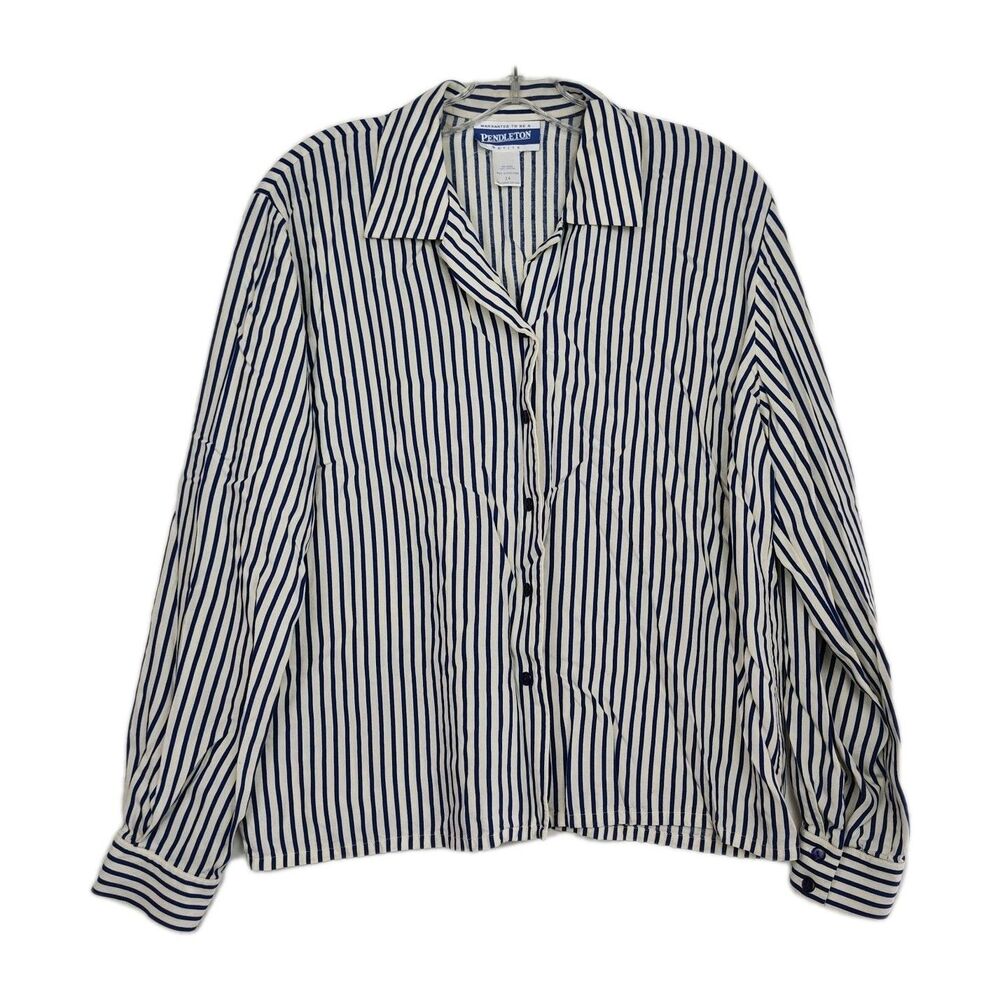 VTG Pendleton Petite Blouse Women's Size 14 Blue/Cream‎ Stripe Button-Up